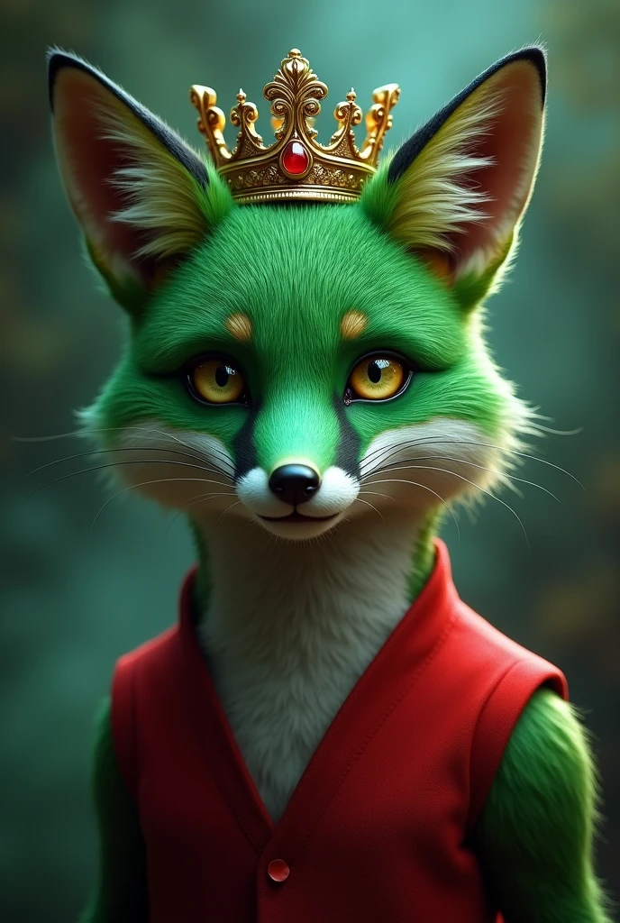 a real green fox, with bright white eyes wearing a crown, and a red sleeveless shirt