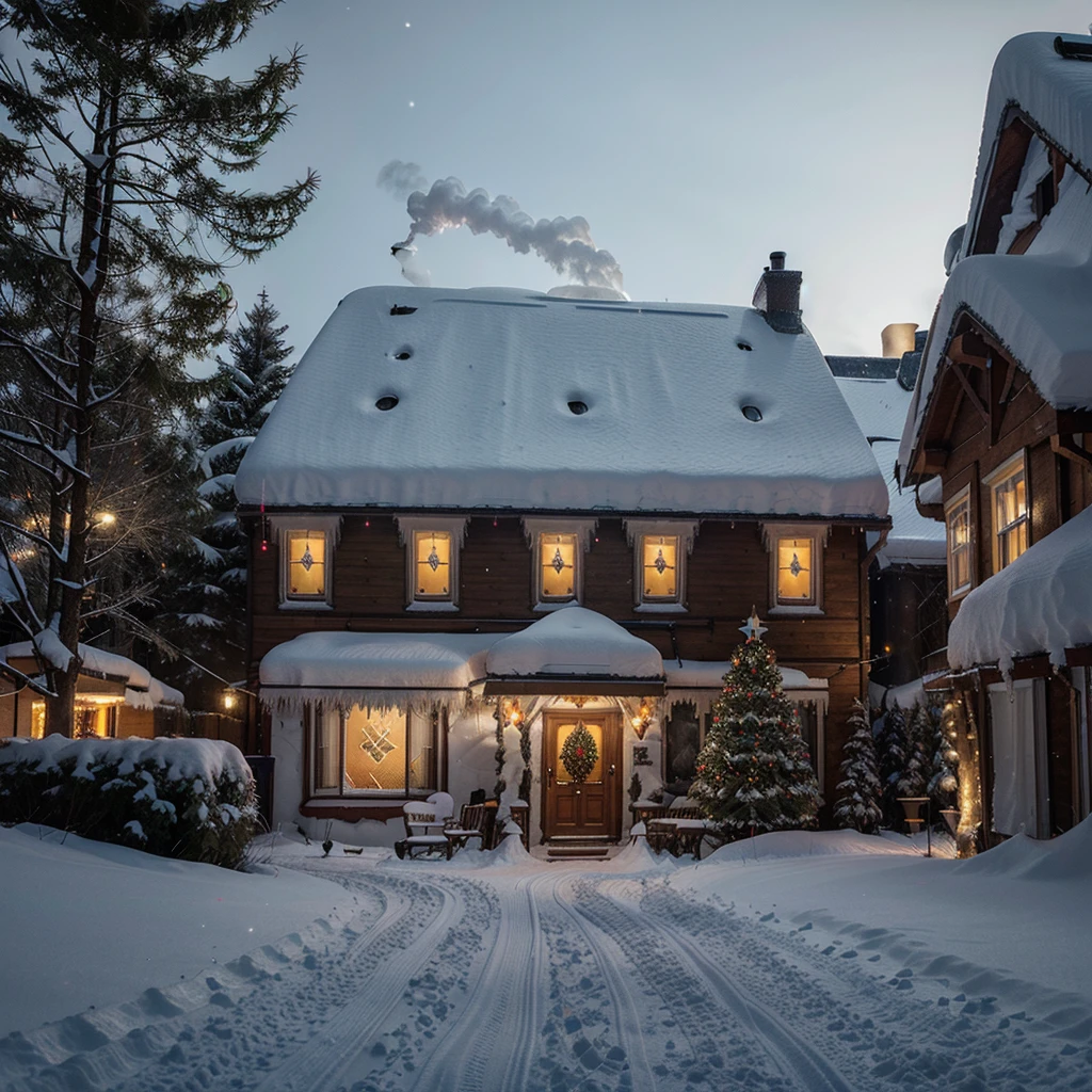 A snow-covered cottage with Christmas lights draped around the roofline, a glowing Christmas tree visible through the window, and smoke gently rising from the chimney.