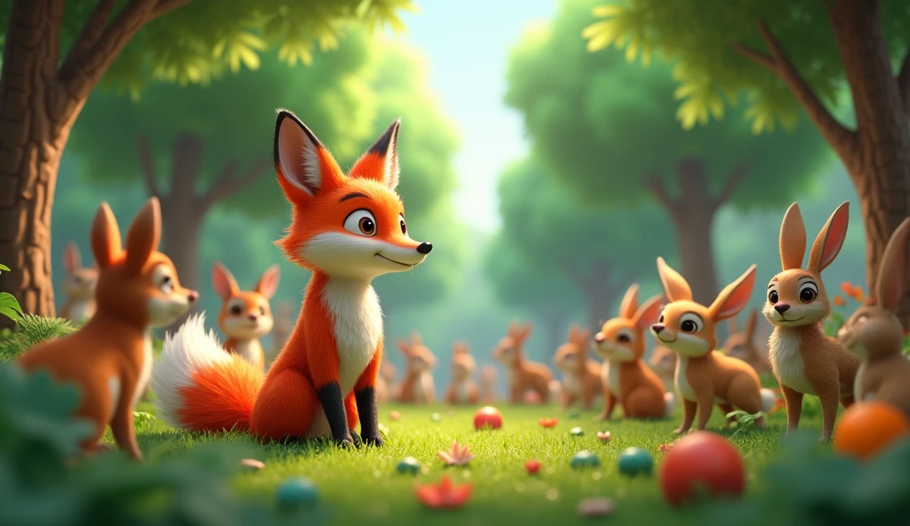 Description: fox gathers all the forest animals around her and addresses them.
Action: She speaks convincingly, telling them about a dream she had where the fruits of the tree are magical and would make anyone strong and fast if they ate them.3dcartoon