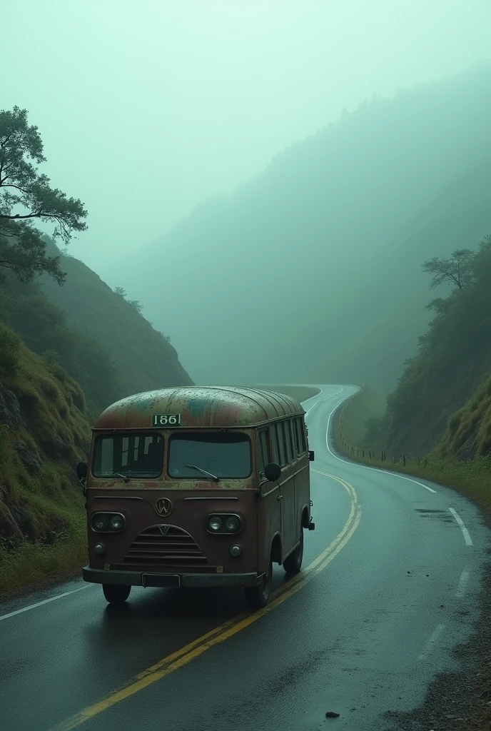 cinematic, photo realistic film poster of an old van  circling down a sloppy hair pin turn road in a distance, early morning, mist, Darjeeling outskirt road