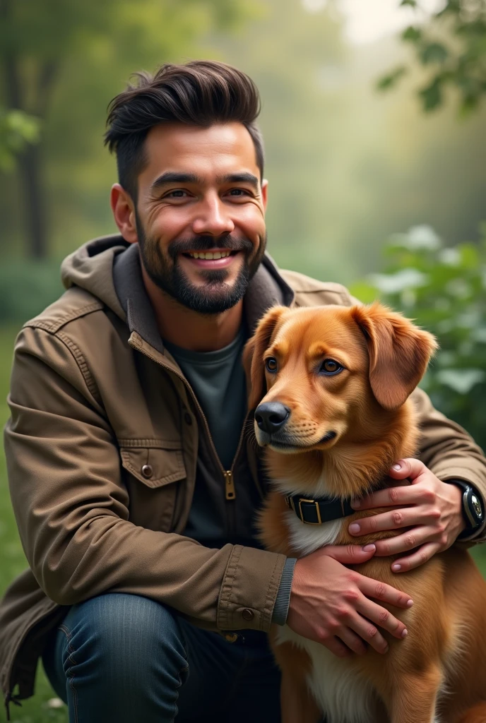 a guy 30 year old with his pet dog realistic human best quality
