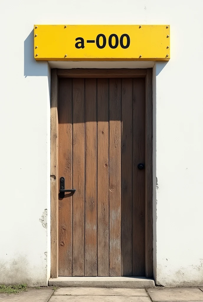 A brown wooden old door in a white wall with a yellow bright sign that says "A-000"