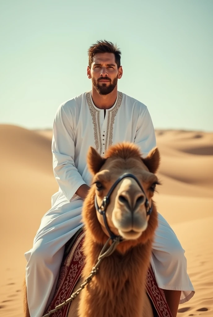 Messi is sitting up a camel in a desert wearing white dress like a Arabic. Messi's face must be in front of camera
