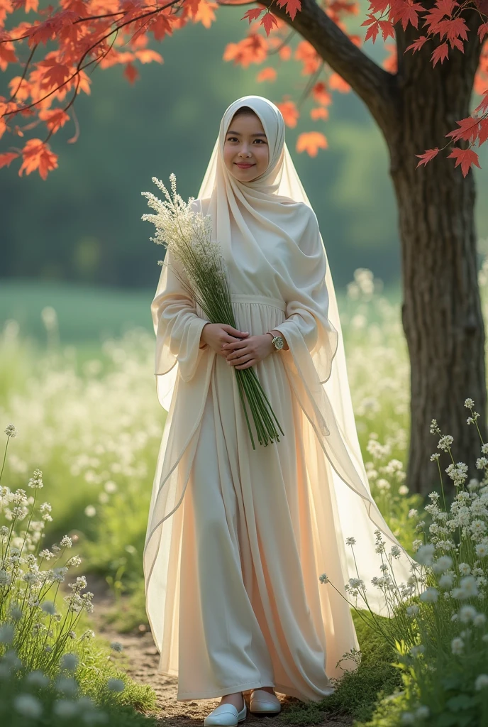 An adult girl wearing a hijab shawl wears a long dress like flowing water made of chiffon, wears white shoes, is in a place where lots of weeds grow, the flowers are white, and there is a tree whose fallen leaves are red. . smiling while holding white flowering wild grass.