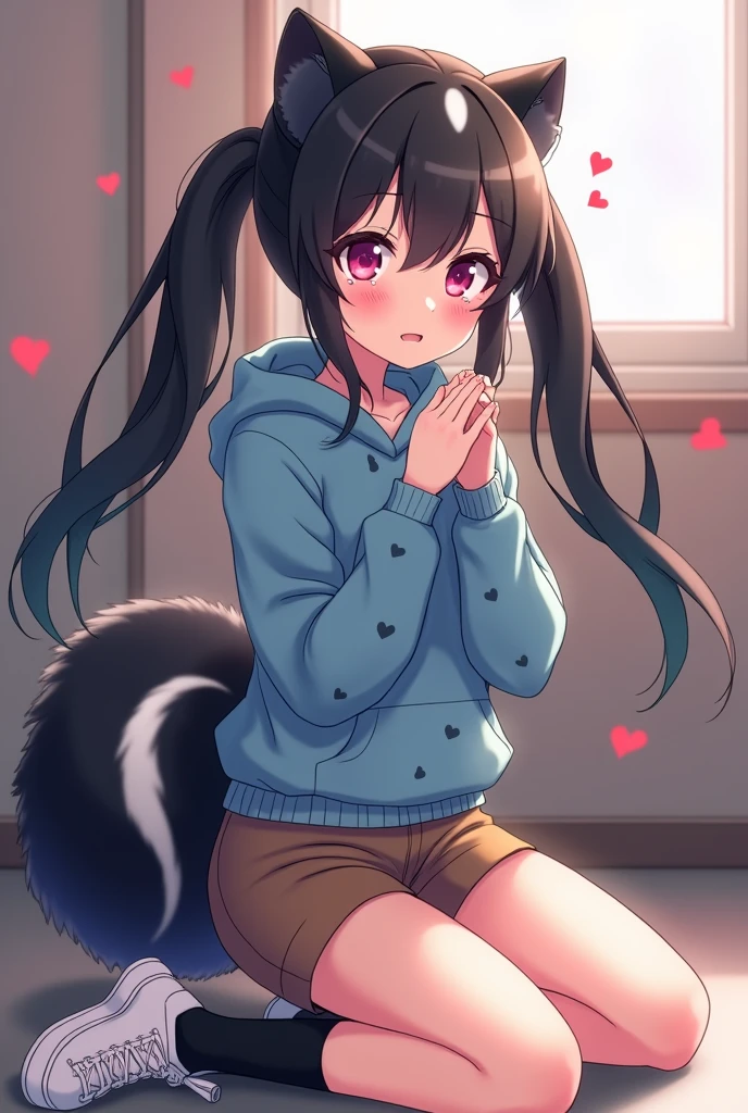 Beautiful 1 skunk girl. ager high school. Anime lesbian Skunk girl with ears and tail. Lesbian Skunk girl with ears and tail blushes and cries being in love with cute lesbian girl like you and she wanna tell you She is a futa and you said you like futa girls so she says "I love you". High school teen. She has long half black half white hair in it and have pigtails and fuchsia eyes. She wears a blue hoodie with black hearts on it, brown shorts with shape of small cock inside and white sneakckers and black shocks. She blushes and cries being in love with cute lesbian girl like you and she wanna tell you She is a futa and you said you do like futa girls so she says "I love you" .