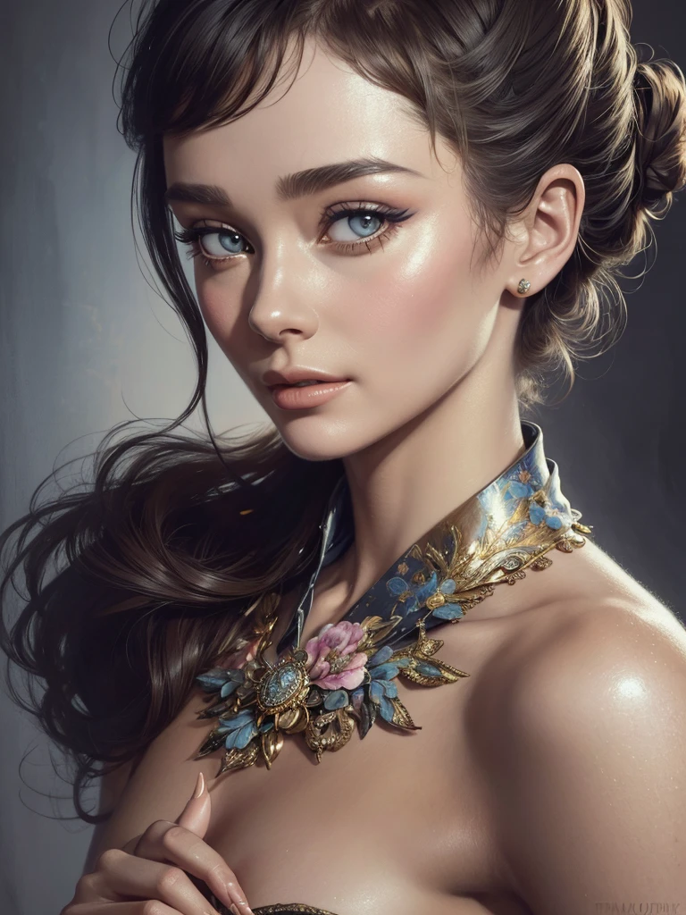ModelShooting style, Audrey Hepburn, (extremely detailed 8K wallpaper), Playboy magazine spread, Tim Okamura, Marco Macconi and Joann Lossel, fashion, digital painting, photorealism, evocative, Garlands, pastel palette, complex part, Digital art, cgsociety, masterpiece, variety, ((perfect face))