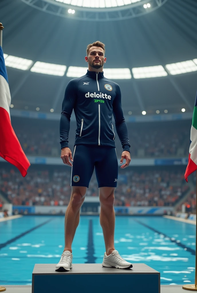 Design a full image of a swimmer during a medal presentation, dressed in a tracksuit with complete image of  matching trousers. The tracksuit should prominently display the word 'deloitte' printed on it, with special emphasis on making the full stop after 'deloitte' green, as this is a key detail.