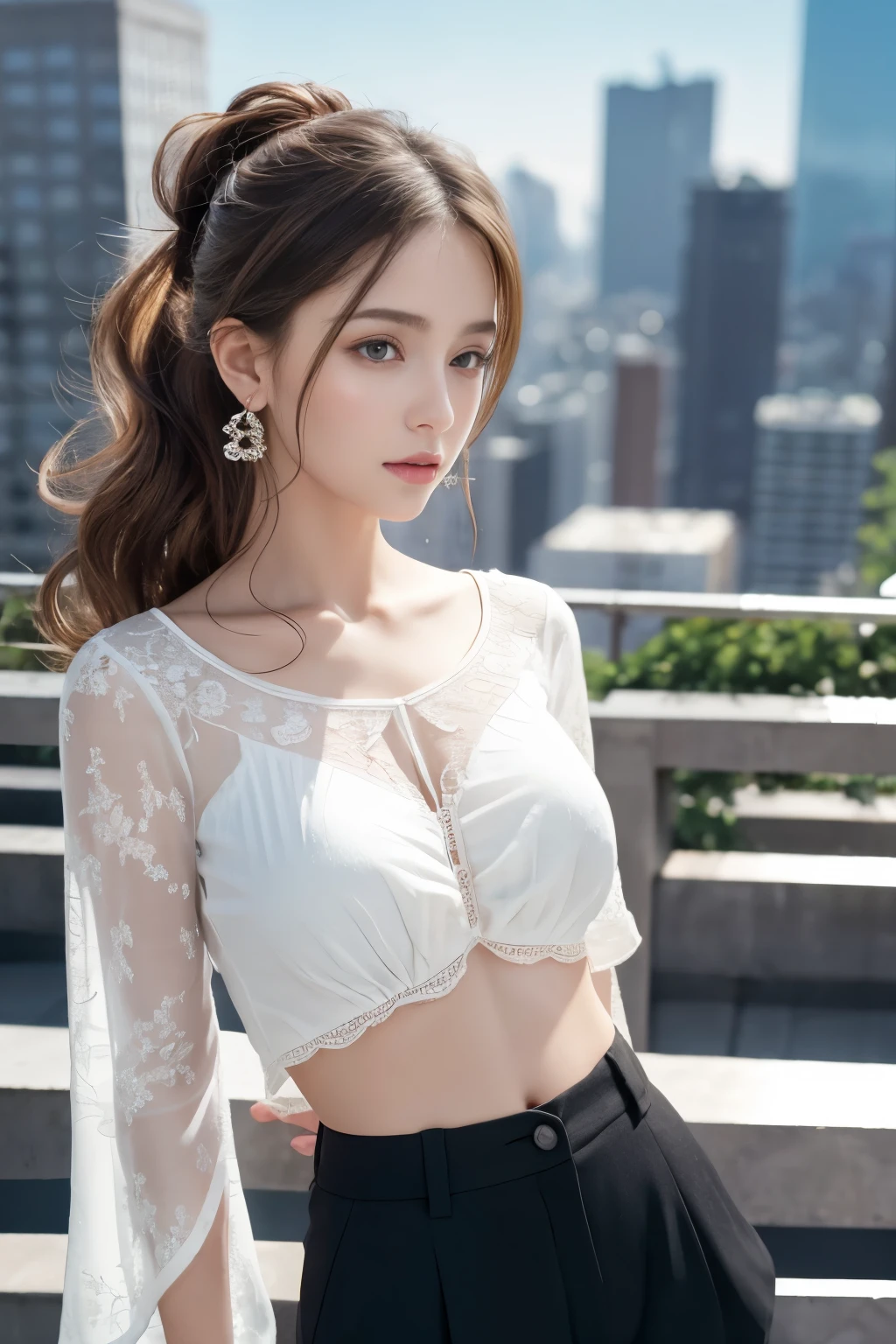 [[[Super detailed]]], [[[Realistic]]], [[[Depth of written boundary]]], whole body, return, Tilt your head, Very detailed, Ronget, 1 Girl, 30 years old, Very long hair, Curly Hair, High Ponytail, Light brown hair, Beautiful and fine hair, Perfect Face, Delicate arms and hands, Slim legs, White skin, Earrings, Larger clothes, Large top sleeves, Black trousers, Open clothes, Cityscape, delicate returnground, blurry returnground, Very delicate and beautiful, [[[wallpaper 8k CG]]], [[[Highest quality]]], [[[Masterpiece]]],Ukrainian、Baby Face