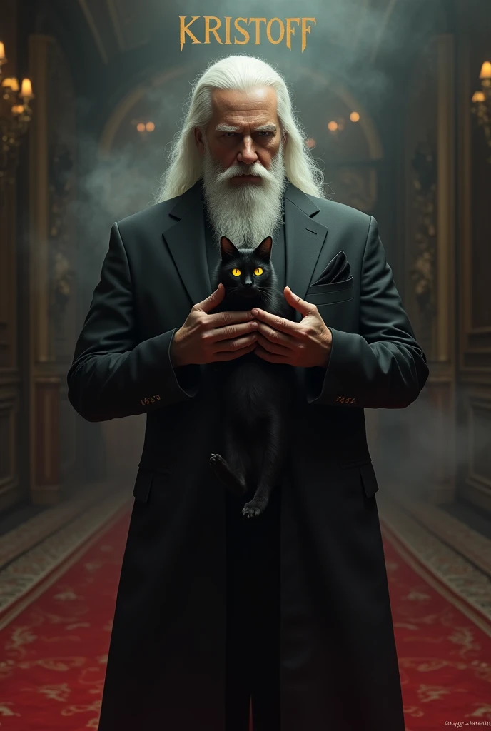 Create a realistic image where a man with long white hair and beard wearing black luxury suit and standing on luxury floor with red carpet, he's holding a cat  in his hand, there is smoke in background a shadow of cat and cat's eyes is glowing in yellow colour. In background the name "Kristoff" is showing in bold effects just attached above the chair the head of the character as per his name.