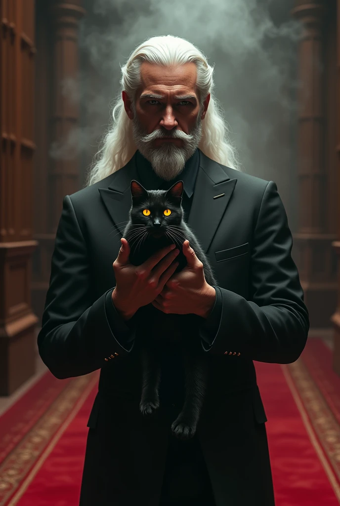 Create a realistic image where a man with long white hair and beard wearing black luxury suit and standing on luxury floor with red carpet, he's holding a cat  in his hand, there is smoke in background a shadow of cat and cat's eyes is glowing in yellow colour. In background the name "Kristoff" is showing in bold effects just attached above the chair the head of the character as per his name.