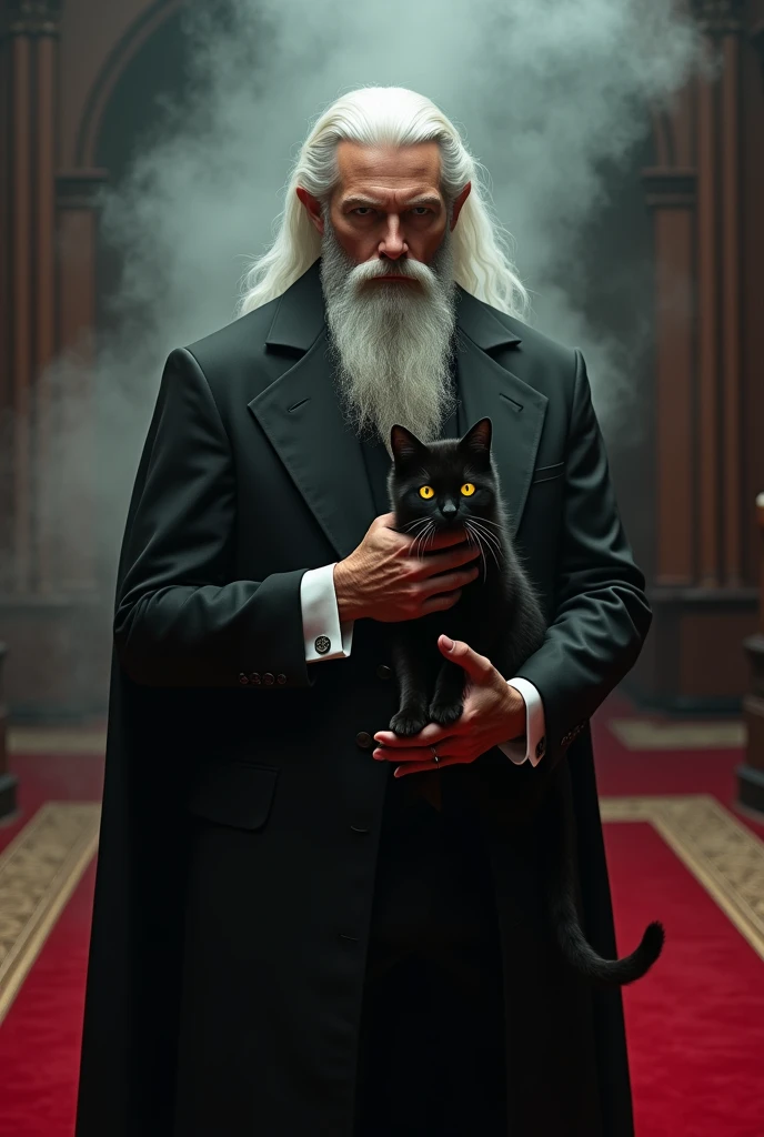 Create a realistic image where a man with long white hair and beard wearing black luxury suit and standing on luxury floor with red carpet, he's holding a cat  in his hand, there is smoke in background a shadow of cat and cat's eyes is glowing in yellow colour. In background the name "Kristoff" is showing in bold effects just attached above the chair the head of the character as per his name.