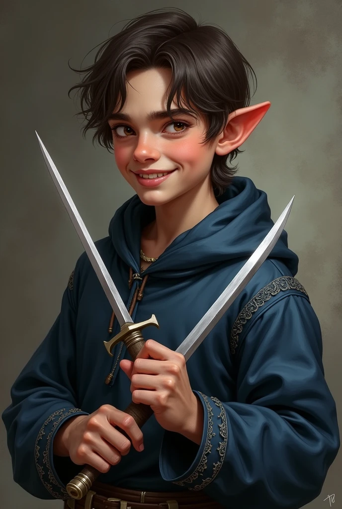 Make a Halfling male, like realistic rogue man face, with medium to long hair, small ears, with navy blue clothes, holding two daggers, brown eyes and smiling slightly