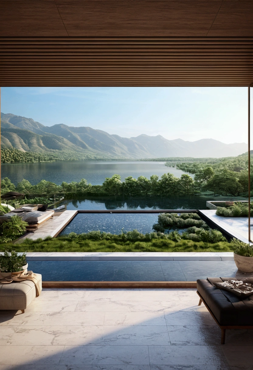 Modern villa,Second floor architecture,patio,Fishpond,Back to the mountains,Facing the lake,Modern architecture style, Ultra-detailed photos,architecture,complicated,cool, High Dynamic Range,Dynamic Lighting, Realistic, Natural soft lighting, 低H, masterpiece, 8k Detailed,There are a lot of details,Oversized floor-to-ceiling glass,The combination of technology and natural environment,looks super cool