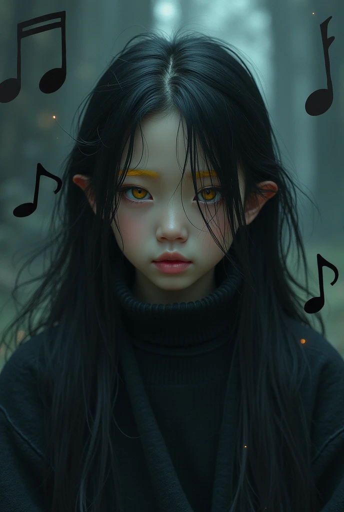 Asian boy in a dark place that looks like DPR ian who has long hair and yellow eyebrows that the background has the word facneo written and that there are black musical notes around him and that they look transparent