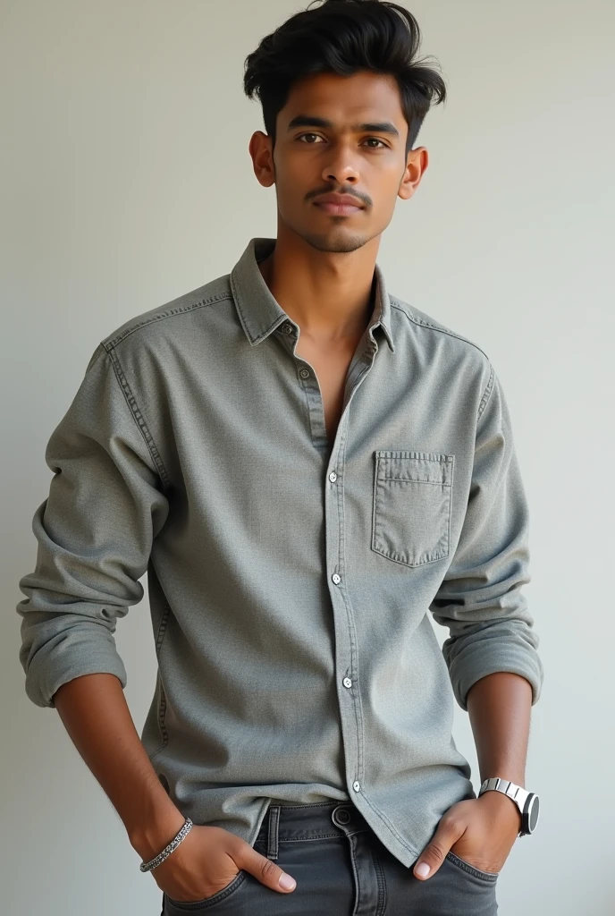 a 21 years of indian boy wearing knit shirt and grey jeans pant and white smart watch and with fade haircut