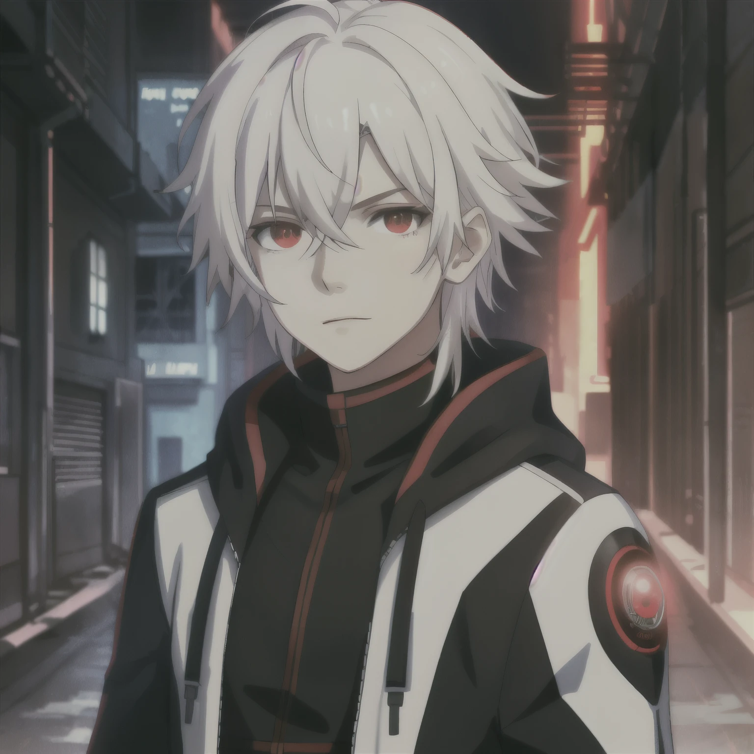 (high-quality, breathtaking),(expressive eyes, perfect face) portrait, Symmetrical Eyes, 1boy, male, teenager, solo, looking at viewer, portrait, simple background, white background, apocalyptic theme, ruined city buildings, alleyway, allen walker, red eye color, white hair, halfbody shot, medium hair length, neutral expression, charming, black and red jacket, hood, red trim, soft smile, cyberpunk clothing, Abzu
