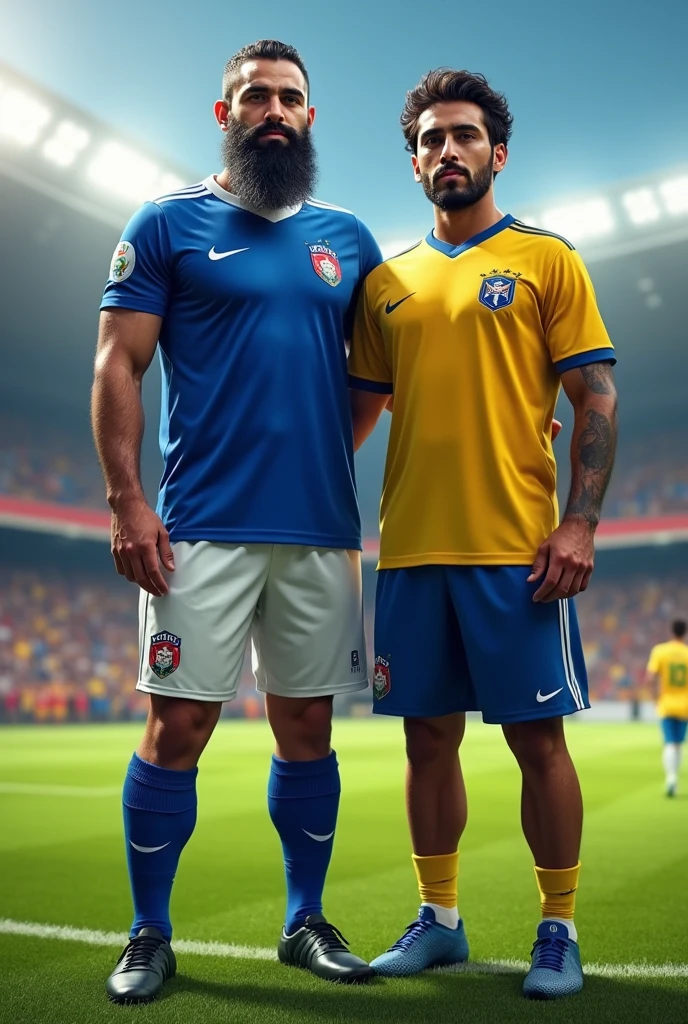 A very bearded, hairy, strong Iranian man wearing the El Salvador national football team uniform. He must wear a blue shirt with white details and the Salvadoran Football Federation shield on the chest.. The shorts must be white with blue details., and the socks, blue with a white stripe. His expression should be confident, e a pose, Stately, reflecting their strength and pride by wearing the uniform.Giving an interview side by side with a player from the Brazilian national team on the field at the stadium.
