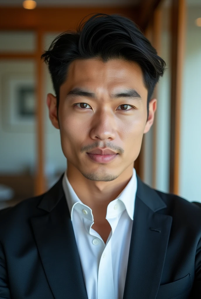 Belle homme en costume type japanese jeune muscle blond au yeux bleu, Photographed with a smartphone, Selfie, Top quality, 1 beautiful men, Perfect Face, Japanese men, age 41, suit, short hair, black hair,