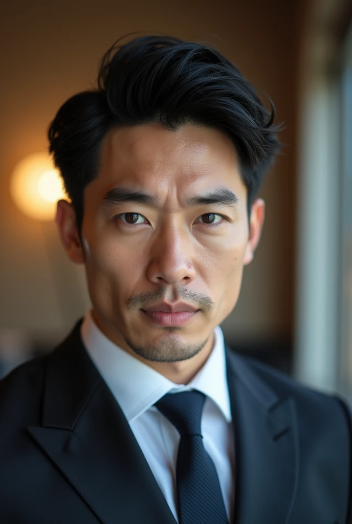 Belle homme en costume type japanese jeune muscle blond au yeux bleu, Photographed with a smartphone, Selfie, Top quality, 1 beautiful men, Perfect Face, Japanese men, age 41, suit, short hair, black hair,