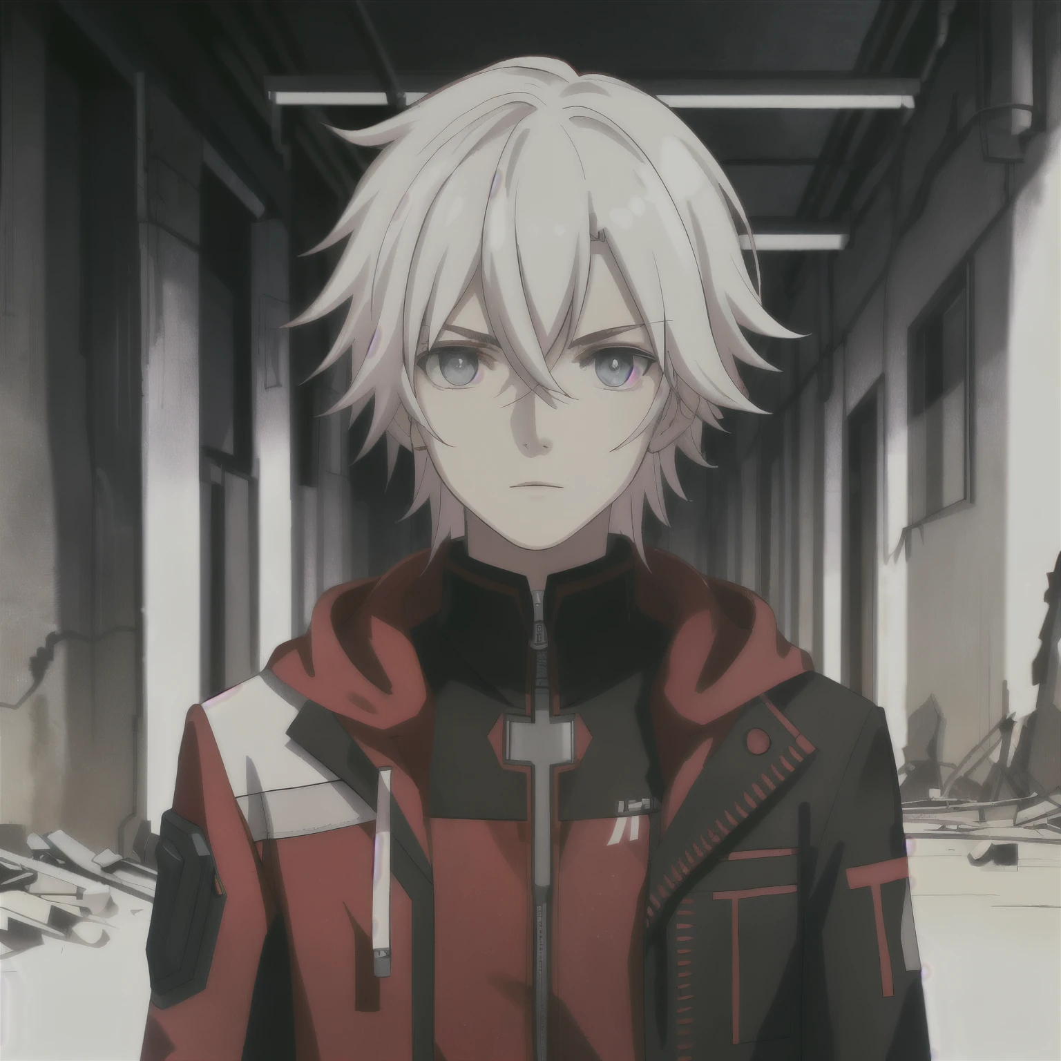 (high-quality, breathtaking),(expressive eyes, perfect face) portrait, Symmetrical Eyes, 1boy, male, teenager, solo, looking at viewer, portrait, simple background, white background, apocalyptic theme, ruined city buildings, alleyway, allen walker, red eye color, white hair, halfbody shot, medium hair length, neutral expression, charming, black and red jacket, hood, red trim, soft smile, cyberpunk clothing, Abzu
