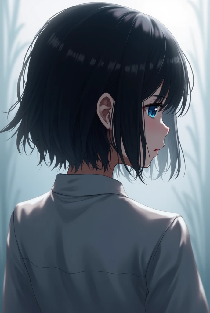solo, Very detailed, High-resolution model, Black Hair, blue eyes, Back view, Background blur, Minimalist,