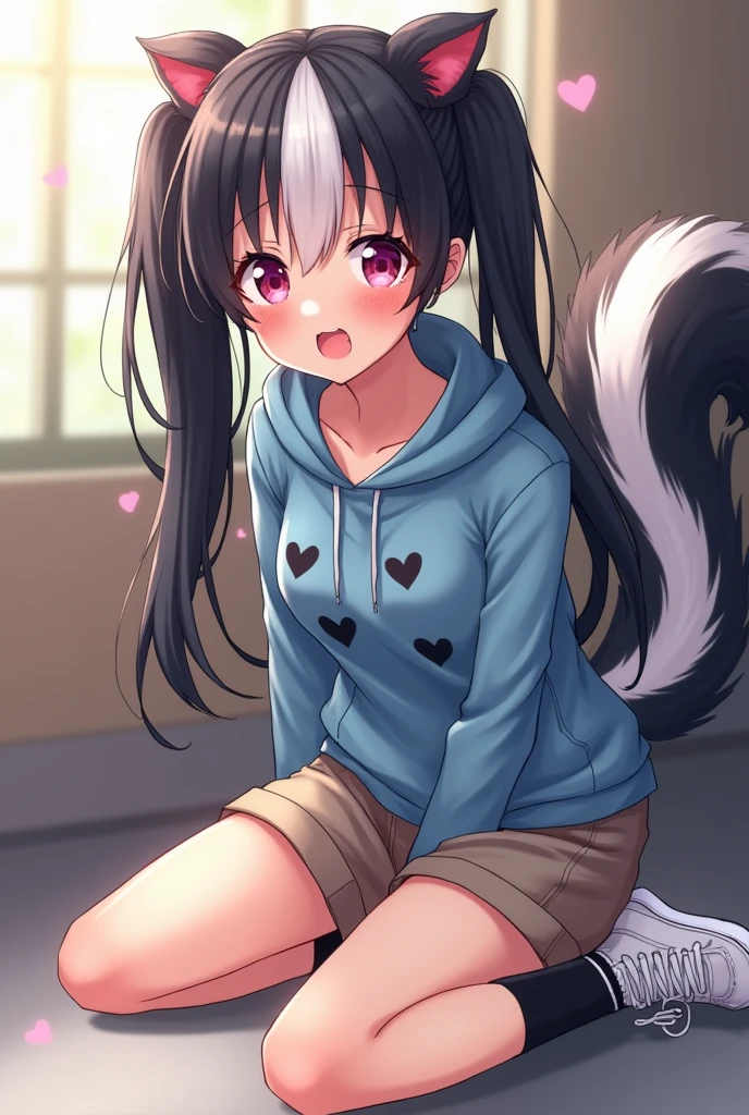 Beautiful 1 skunk girl. Teenager high school. Anime lesbian Skunk girl with ears and tail. Lesbian Skunk girl with ears and tail blushes and cries being in love with cute lesbian girl like you and she wanna tell you She is a futa and you said you like futa girls so she says "I love you". High school teenager. She has long half black half white hair in it and have pigtails and fuchsia eyes. She wears a blue hoodie with black hearts on it, brown shorts with shape of small cock inside and white sneakckers and black shocks. She blushes and cries being in love with cute lesbian girl like you and she wanna tell you She is a futa and you said you do like futa girls so she says "I love you" . 