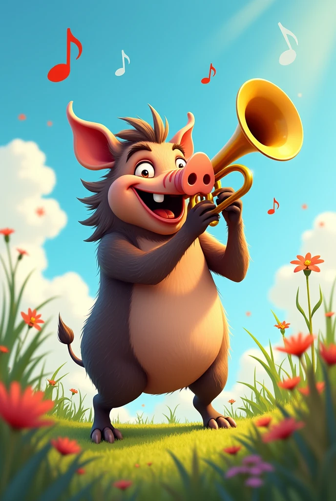 Animated boar playing trumpet to draw