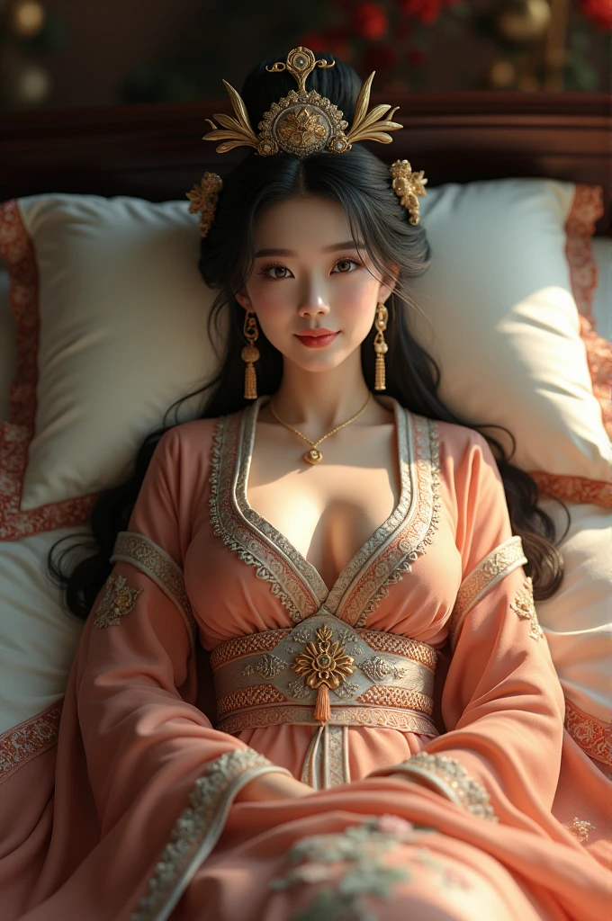 (photorealism:1.2), Using Imperial Chinese Traditional Dress, beautiful Queen, lying on the bed, A close-up and straight-on view from above, good body, straight body, give up, big breasts, like Diao Chan, Sweet smile.