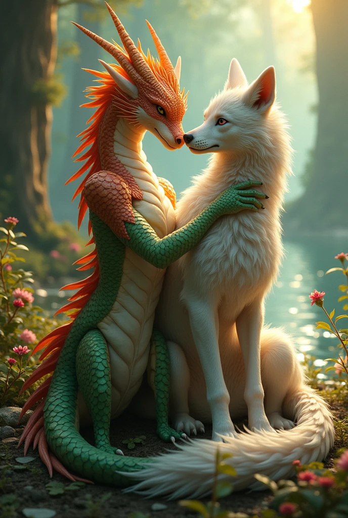 Yes that's fine, but a female dragon on top of a wolf in a romantic moment