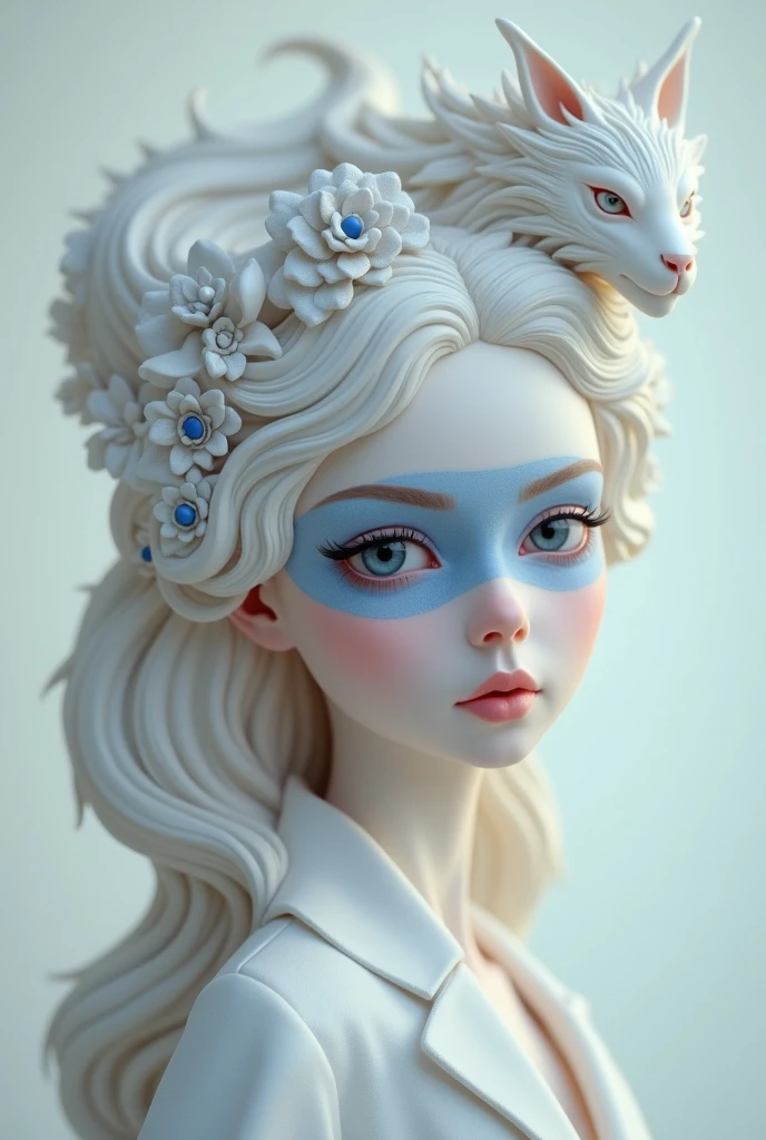 A mysterious spy with subtle blue camouflage on her face, in the style of delicate porcelain sculpting, elegant figures, timeless fashion, exquisite, made of mythical creatures, flowing forms, pastel-toned toning, Oliver Jeffers, surreal background