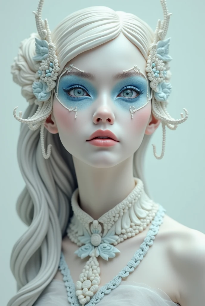 A mysterious spy with subtle blue camouflage on her face, in the style of delicate porcelain sculpting, elegant figures, timeless fashion, exquisite, made of mythical creatures, flowing forms, pastel-toned toning, Oliver Jeffers, surreal background