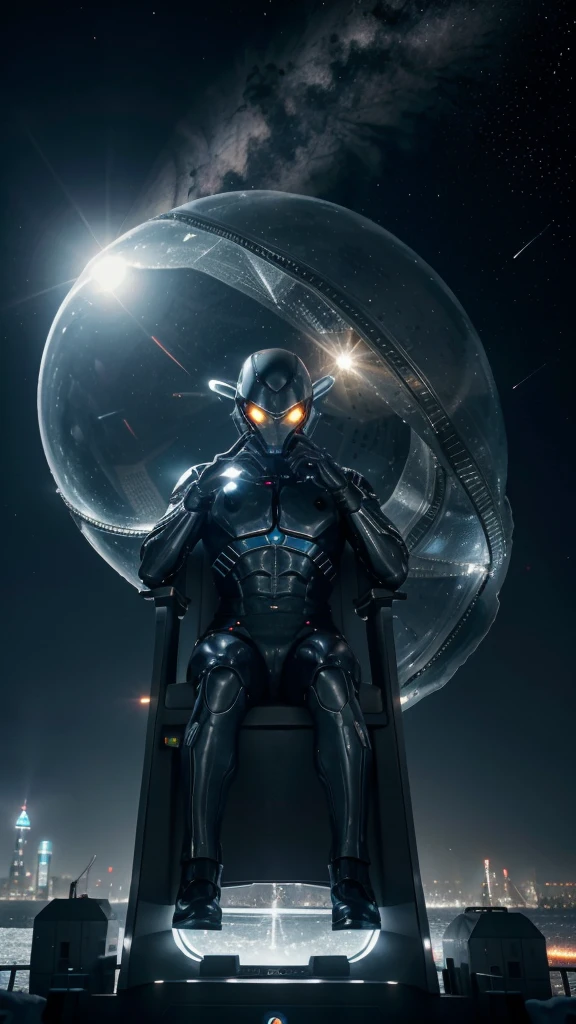 Alien with human body, 4 long fingered hands, a single eye in the center of the head, with translucent skin, He is sitting on a translucent round shaped ship, On one arm he has a laser pointing towards the camera, In the background there is a city with buildings shaped like titanium honeycombs in the middle of the snow, The location of the place is in Alaska, There are many identical ships flying around, They are formed in a V shape, is a sunny day (your body of clothes with technology) His eyes are fluorescent with LED light
