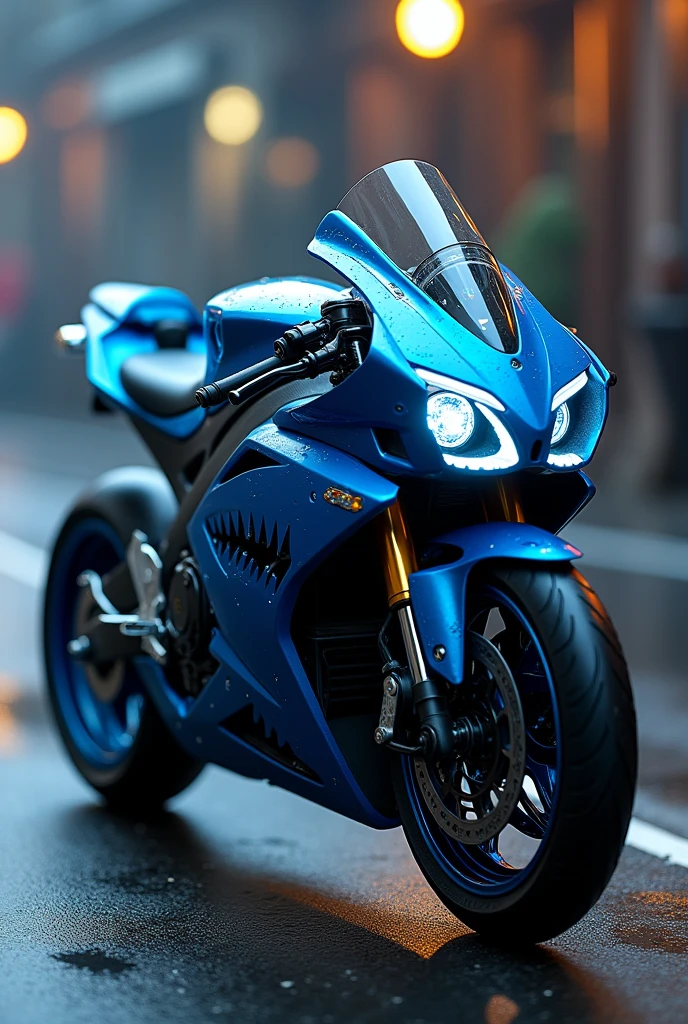Blue Suzuki Gxs R 250 motorcycle that looks like a mechanical animal like a shark