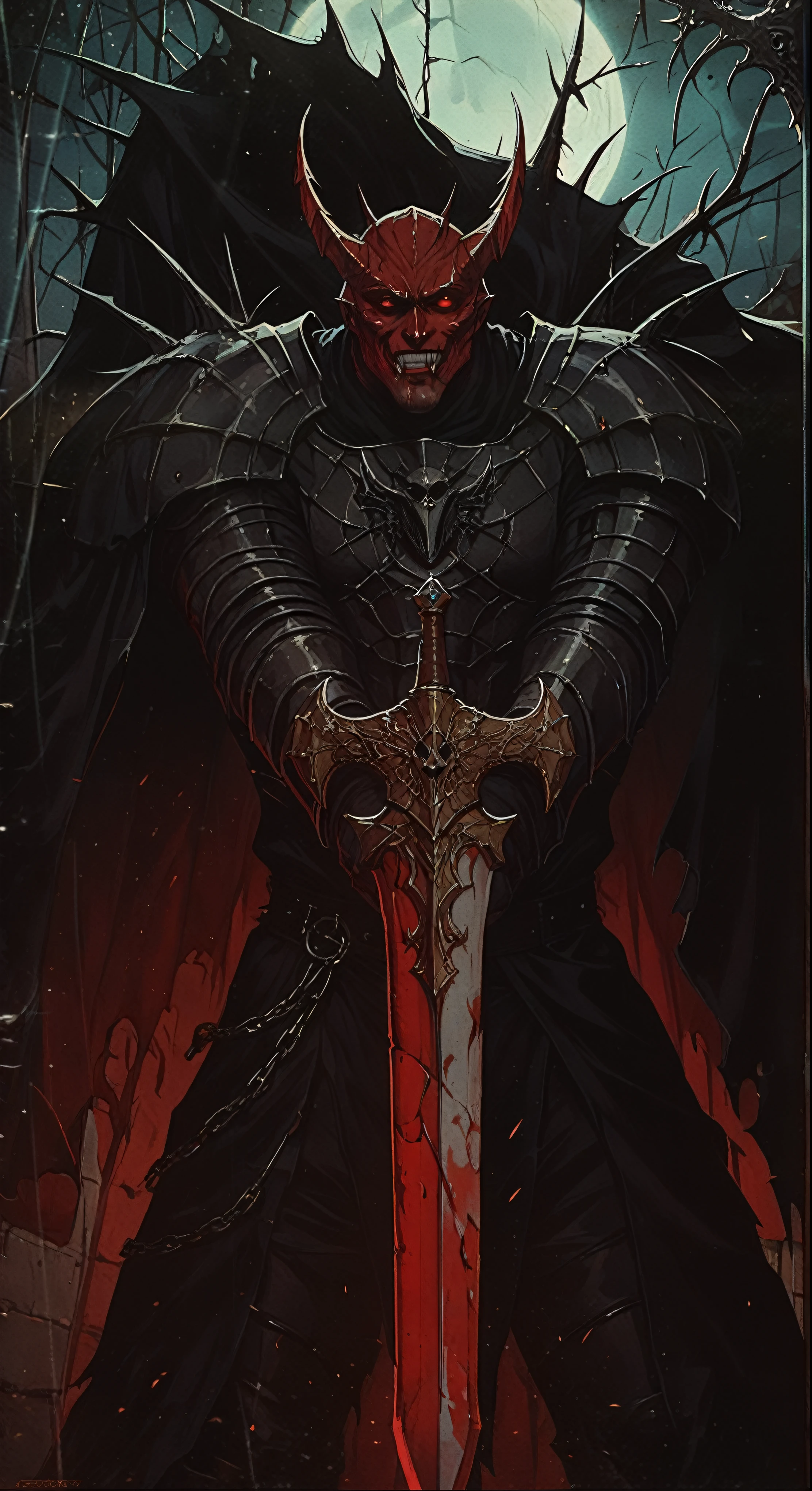 there is a man with a red demon mask and a sword, blood knight, evil knight, berserk skullknight black armor, berserk art style, dark souls art style, anthropomorphic raven knight, scary knight, demon slayer artstyle, dnd fantsay art, beautiful male god of death, the king of death, epic fantasy art style