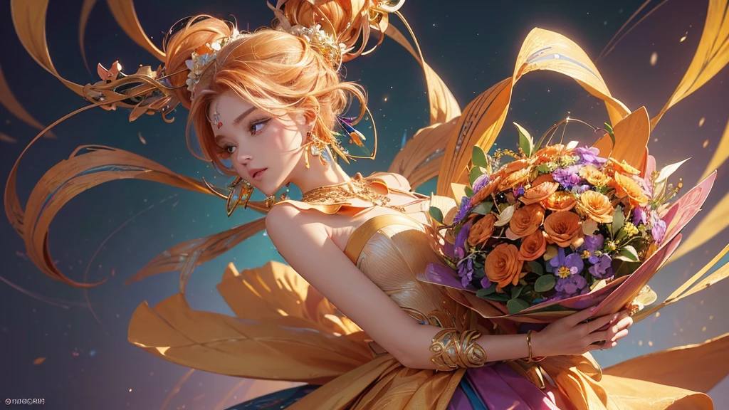 32K, 最高quality, 最高masterpiece, (ultra-Detailed Background, Detailed Background), High resolution, Super detailed, Very detailedな, 1 personの, (bouquet:1.3), (Tangled:1.2), (Geometric:1.2),(colorful),(masterpiece, quality, best quality, Official Art, Beautiful and beautiful:1.2), (1 person:1.3), Very detailed,(colorful:1.1)(Flowers:1.3),Most detailed,(Tangled:1.2), whole body, (Abstract background:1.3), (Skin glows), (Many colors:1.4), ,(Earrings Jewelry:1.5), Pale Orange Background, It's imaginative., Flaxen Hair,