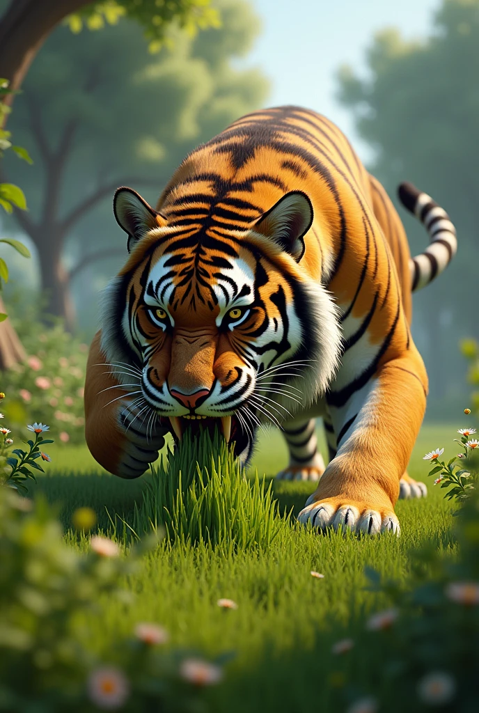 tiger eating grass
