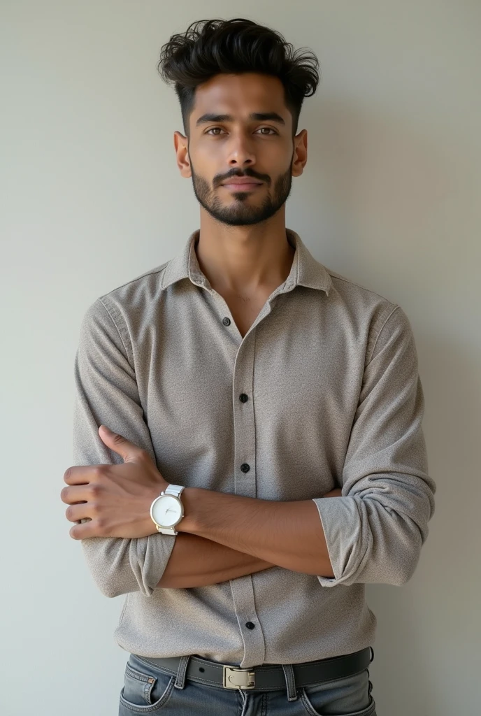 a 21 years of indian boy wearing knit shirt and grey jeans pant and white smart watch and with fade haircut