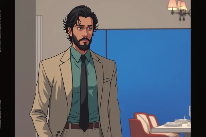 209 cm tall man with Mediterranean and Native American features, composed demeanor, and a deeply introspective nature. He has dark brown skin, short wavy jet-black swept back hair, short scruffy black facial hair, and striking emerald green eyes. He wears a tailored black suit with a forest green silk shirt and a slim black tie. He stands in an elegant, modern venue, exuding quiet confidence. Photorealistic, cinematic lighting, high resolution.