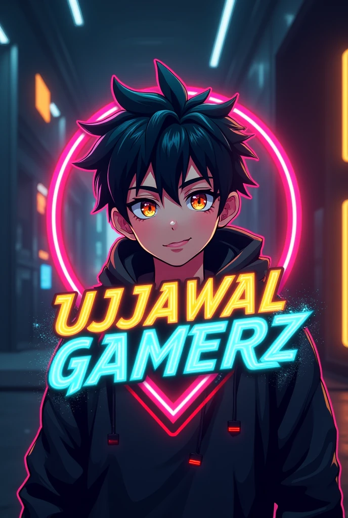 This is a gaming logo that features the name "UJJAWAL GAMERZ" in a futuristic font and a neon golden color. and Anime Boy avtar.