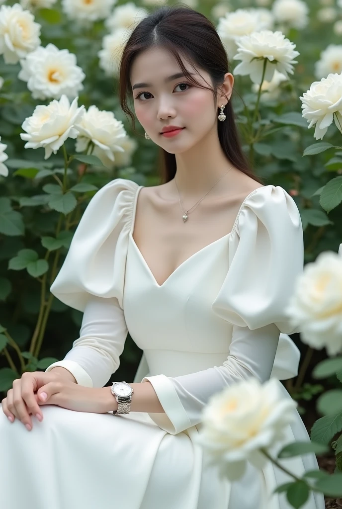A beautiful Indonesian girl, smooth white skin, well-groomed face,rambut sanggul ala Korea, purple , ,wearing a pure white dress with wide knee length mayung, , closed door, left and right sleeves with beautiful ribbons,balloon sleeve model ,memegang buket white rose , ,luxury watch , white shoes, Sitting pose,, with grace, eyes looking at camera. in the thicket , white rose, which flowers beautifully and thickly. Rose field background , beautiful very amazing .Realistic original photo