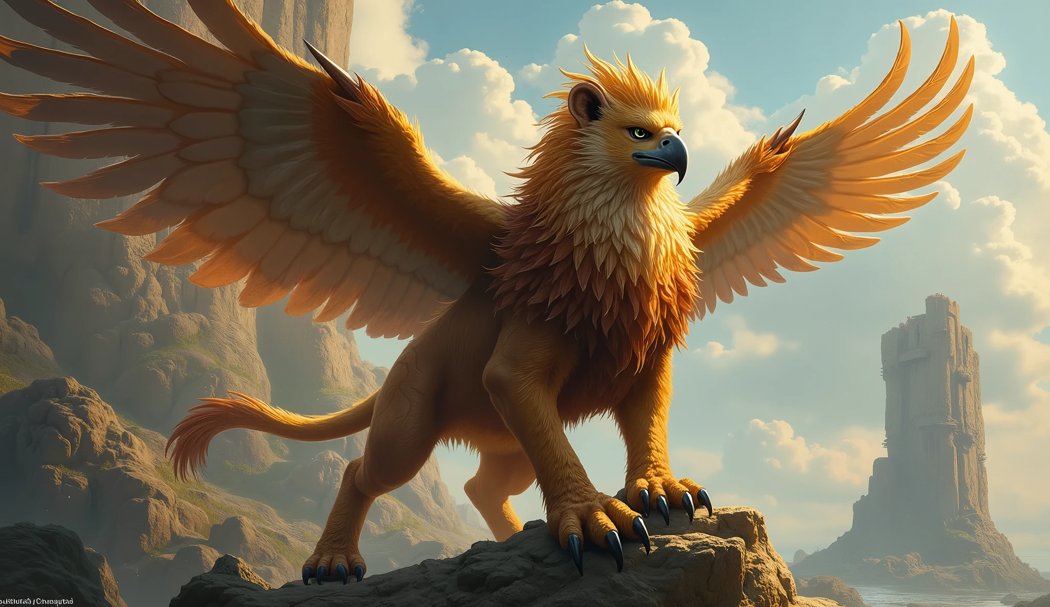 a creature with eagle head, wings and lion body. griffin
