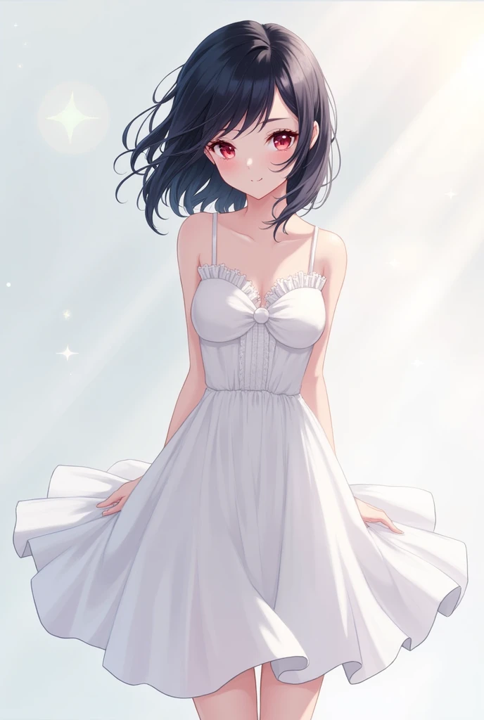 Anime girl with short black hair and red eyes with sharp features in a short, calm white dress that goes below the knee