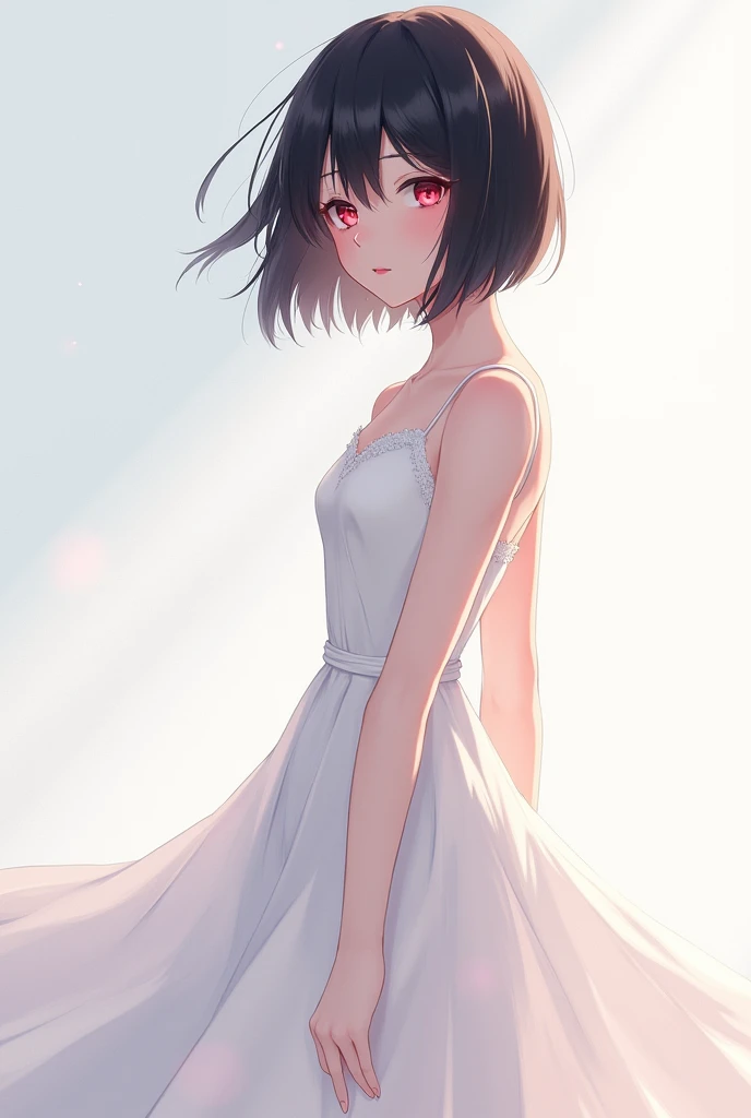 Anime girl with short black hair and red eyes with sharp features in a short, calm white dress that goes below the knee