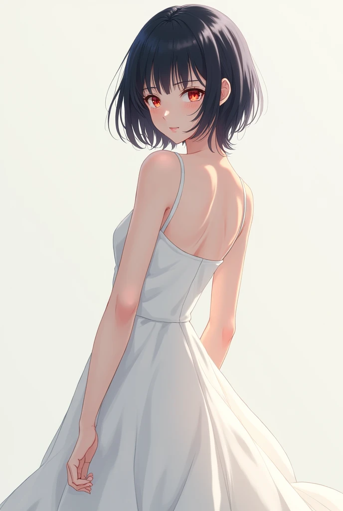 Anime girl with short black hair and red eyes with sharp features in a short, calm white dress that goes below the knee