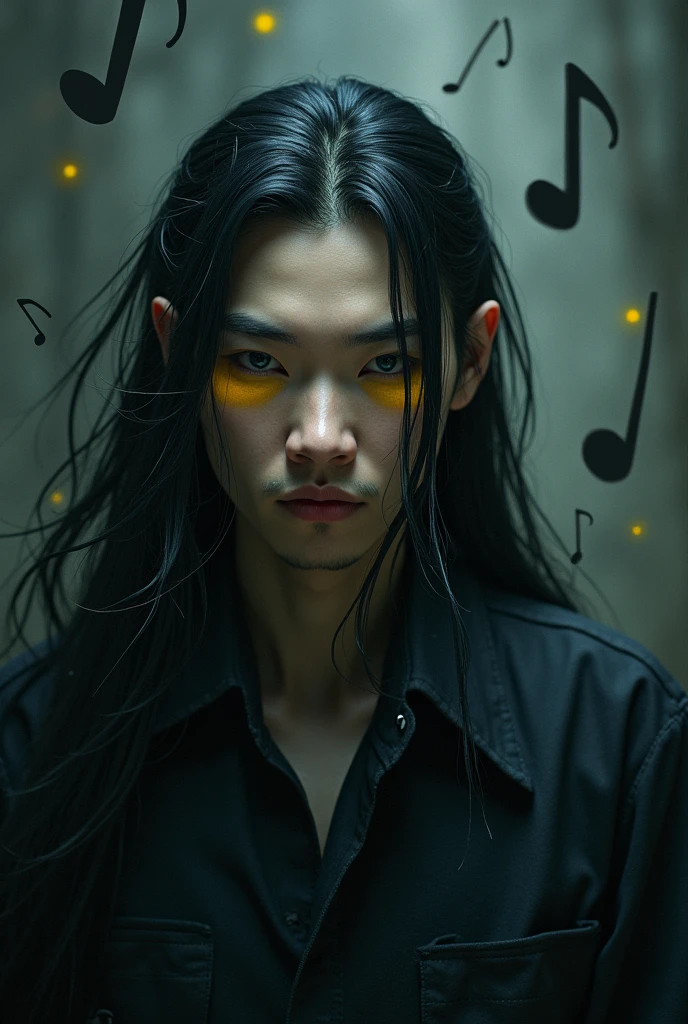 Asian boy man in a dark place that looks like DPR ian who has long hair and yellow eyebrows that the background is written the word facneo and that there are musical notes in black around him and that they look transparent