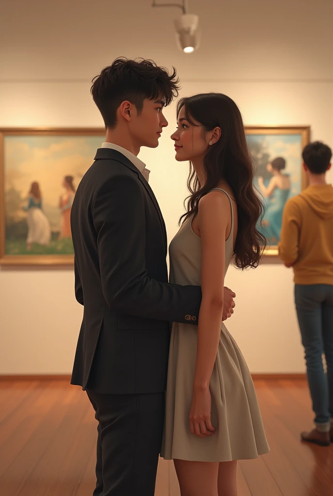 image from back side of a Indian 2 simple shy college elegant boy and girl standing in art exhibition, girl dressed in simple but elegant one piece dress, a shy and handsome boy standing close to her and looking towards girl with affection, girl looking towards the painting