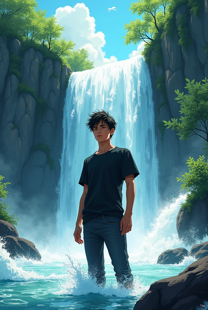 A anime boy 8n black t-shirt whose name is abhay standing in waterfall