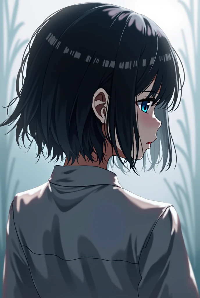 solo, Very detailed, High-resolution model, Black Hair, blue eyes, Back view, Background blur, Minimalist,