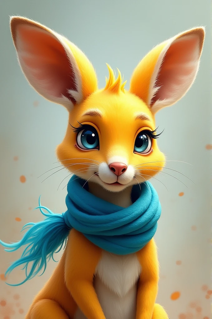 a kangaroo with yellow fur and sparkling white eyes , wearing a blue scarf around his neck