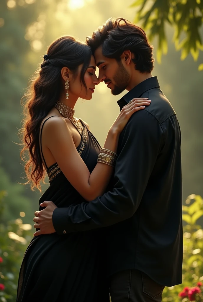 (photorealism:1.2), beautiful woman, wearing black saree and earning and Jwelerry and romance with her 1 boy friend

